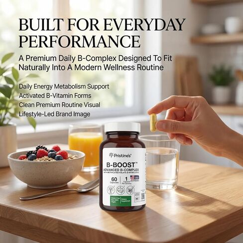 PRISTINE'S B-Boost Advanced Vitamin B Complex Capsules w/Methylated Folate 5-MTHF, Methylcobalamin B12 & Choline, Supports Energy, Mental Clarity & Daily Wellness, 1 Cap Daily, 60 Capsules-NSF Cert in Saudi Arabia