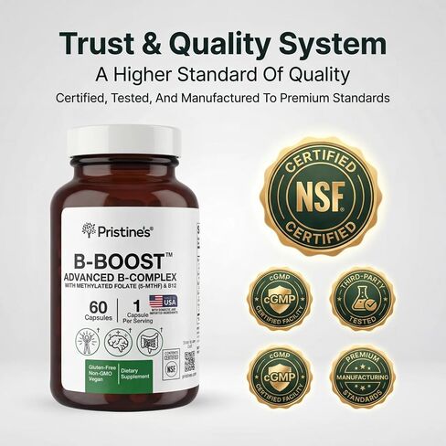 PRISTINE'S B-Boost Advanced Vitamin B Complex Capsules w/Methylated Folate 5-MTHF, Methylcobalamin B12 & Choline, Supports Energy, Mental Clarity & Daily Wellness, 1 Cap Daily, 60 Capsules-NSF Cert in Saudi Arabia