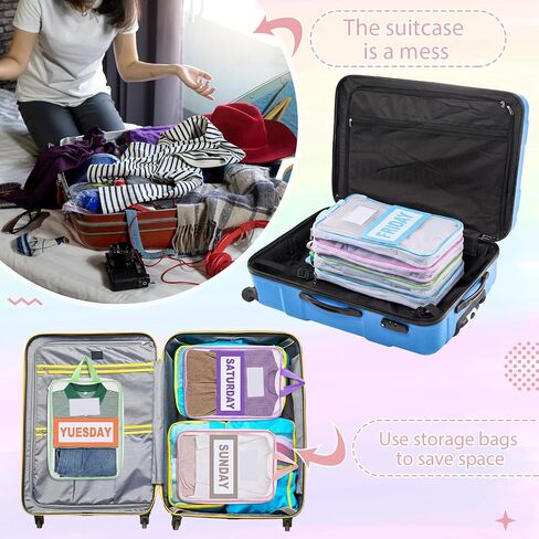 7 Pack Packing Cubes for Travel, Days of Week Outfit Organizers with Weekly Stickers, Mesh Bags for Camp Suitcase in Saudi Arabia