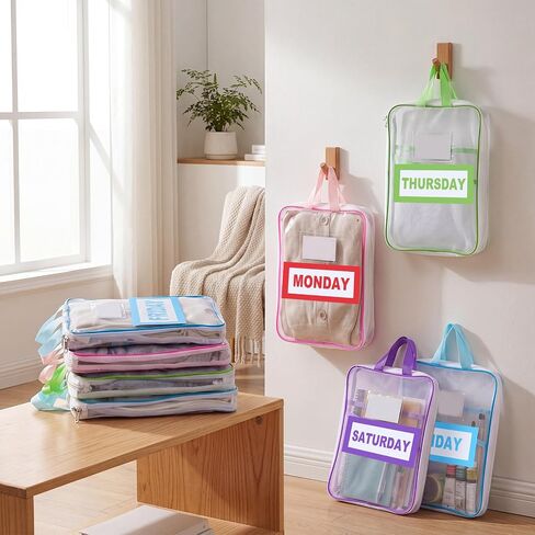 7 Pack Packing Cubes for Travel, Days of Week Outfit Organizers with Weekly Stickers, Mesh Bags for Camp Suitcase in Saudi Arabia