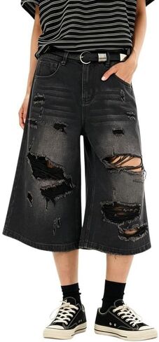Baggy Jorts Men Y2K Capri Distressed Ripped Denim Shorts Women Long Jean Shorts Summer Streetwear Unisex in Saudi Arabia
