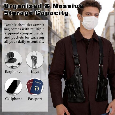 Underarm Shoulder Bag for Men, Leather Double Shoulder Armpit Bag with Adjustable Design & Multi-Pocket, Premium Wallet Holster for Outdoors, Travel (Black) in Saudi Arabia
