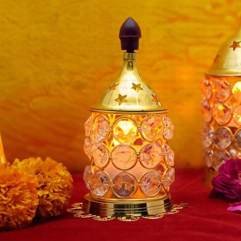SATVIK 5 Inch Akhand Jyoti Diya with Premium Stones for Diwali Pooja. Decorative Brass Oil Lamp Whole Night Dia for Deepawali Decoration. Outdoor Mandir Decoration Housewarming Return Gift in Kuwait