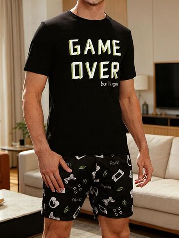 Mens Pajama Sets Summer Pjs Sleepwear Nightwear Lightweight Quick Dry Soft Short Cartoon Print Sleeve Sleep Set in Kuwait