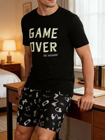 Mens Pajama Sets Summer Pjs Sleepwear Nightwear Lightweight Quick Dry Soft Short Cartoon Print Sleeve Sleep Set in Kuwait