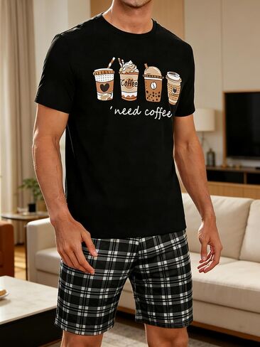 Mens Pajama Sets Summer Pjs Sleepwear Nightwear Lightweight Quick Dry Soft Short Cartoon Print Sleeve Sleep Set in Kuwait