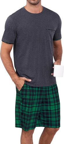 RQP Men's Pajama Sets Soft 2 Piece Pj's Set Short Sleeve Cotton Top and Plaid Pants for Loungewear Sleepwear with Pockets in Saudi Arabia