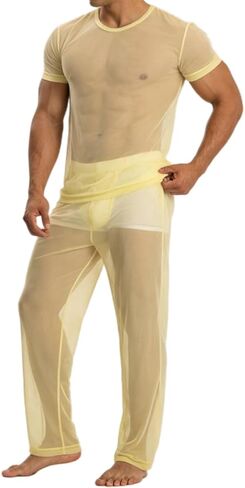 YINYOUYU Mens See Through Pajamas Set Sexy Mesh Muscle T Shirt Lounge Pants Underwear Sheer Sleepwear Clubwear in Saudi Arabia