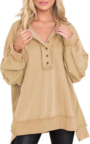 Dokotoo Sweatshirt for Women Oversized Casual Long Sleeve Button Henley Neck Pullover Tunic Tops Fall Fashion Outfits in Kuwait