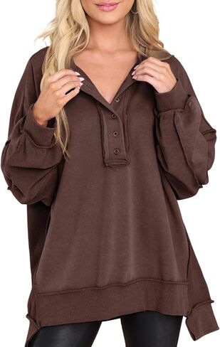 Dokotoo Sweatshirt for Women Oversized Casual Long Sleeve Button Henley Neck Pullover Tunic Tops Fall Fashion Outfits in Kuwait
