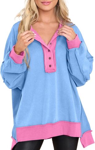 Dokotoo Sweatshirt for Women Oversized Casual Long Sleeve Button Henley Neck Pullover Tunic Tops Fall Fashion Outfits in Kuwait
