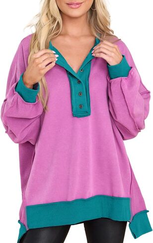 Dokotoo Sweatshirt for Women Oversized Casual Long Sleeve Button Henley Neck Pullover Tunic Tops Fall Fashion Outfits in Kuwait