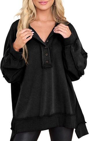 Dokotoo Sweatshirt for Women Oversized Casual Long Sleeve Button Henley Neck Pullover Tunic Tops Fall Fashion Outfits in Kuwait