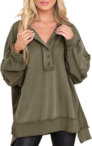 Dokotoo Sweatshirt for Women Oversized Casual Long Sleeve Button Henley Neck Pullover Tunic Tops Fall Fashion Outfits in Kuwait