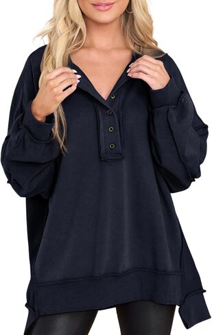 Dokotoo Sweatshirt for Women Oversized Casual Long Sleeve Button Henley Neck Pullover Tunic Tops Fall Fashion Outfits in Kuwait