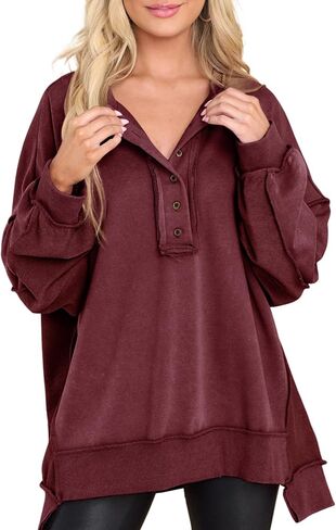 Dokotoo Sweatshirt for Women Oversized Casual Long Sleeve Button Henley Neck Pullover Tunic Tops Fall Fashion Outfits in Kuwait