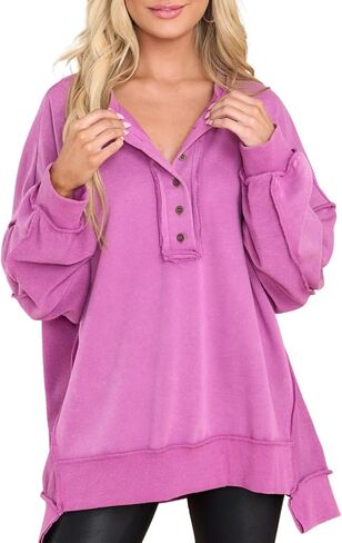 Dokotoo Sweatshirt for Women Oversized Casual Long Sleeve Button Henley Neck Pullover Tunic Tops Fall Fashion Outfits in Kuwait