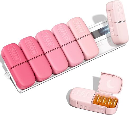 Daviky Magnetic Pill Organizer 2 Times a Day, Weekly AM PM Pill Case, Pill Box 7 Day with Magnets and Stand, Large Medicine Organizer for Medication, Vitamins and Supplements, Macaron in Kuwait