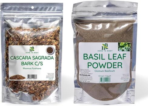 Herb To Body Cascara Sagrada Bark Cut & Sifted and Basil Leaf Powder 4oz Each Bundle – Herbal Ingredients for Tea and Culinary Use in Kuwait