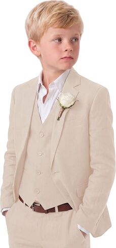 Boys Linen Suits 3 Pieces Blazer Vest Pant Lightweight Summer Classic Fit Solid Formal Beach Communion Easter Suit in Kuwait