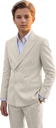 Boys Linen Suit 5 Piece Summer Wedding Suits Kids Casual Tuxedo Double Breasted Jacket Pants Set Formal Suit for Boy in Kuwait