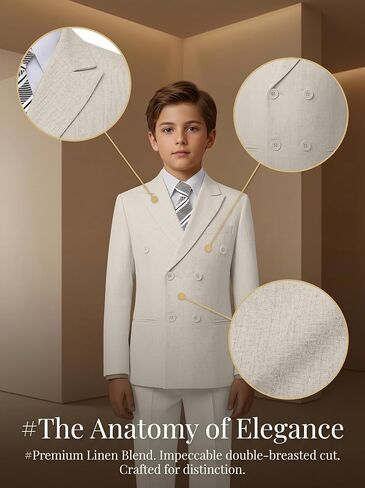 Boys Linen Suit 5 Piece Summer Wedding Suits Kids Casual Tuxedo Double Breasted Jacket Pants Set Formal Suit for Boy in Kuwait