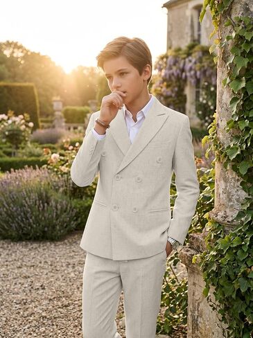 Boys Linen Suit 5 Piece Summer Wedding Suits Kids Casual Tuxedo Double Breasted Jacket Pants Set Formal Suit for Boy in Kuwait