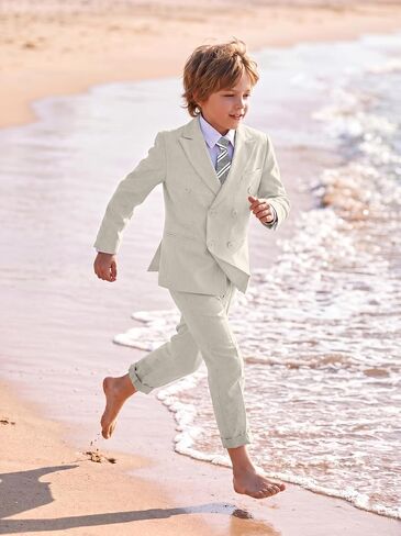 Boys Linen Suit 5 Piece Summer Wedding Suits Kids Casual Tuxedo Double Breasted Jacket Pants Set Formal Suit for Boy in Kuwait
