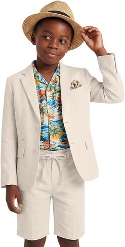 Linen Boys Suit 2 Piece Slim Fit Blazer Jacket Short Pants Set Retro Casual Kids Linen Suits Sets for Boy Wedding Prom Outfit in Kuwait