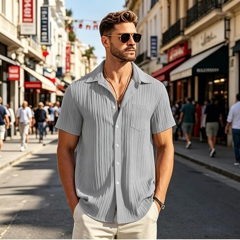 Men's Button Down Shirts with Pocket Outdoor Casual Short Sleeve Textured Summer Beach Shirt in Kuwait