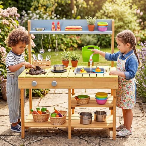 Costzon Wooden Kids Play Kitchen, Outdoor Mud Kitchen with Removable Sink, Water Box & Faucet, Stove Top, Storage Shelves, Fun Backyard Pretend Kitchen Playset for Boys Girls 3+ (Blue) in Saudi Arabia