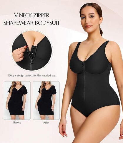 MERYOSZ Shapewear Tummy Control Body Shaper for Women V Neck Faja Shapewear Bodysuit with Zipper in Saudi Arabia
