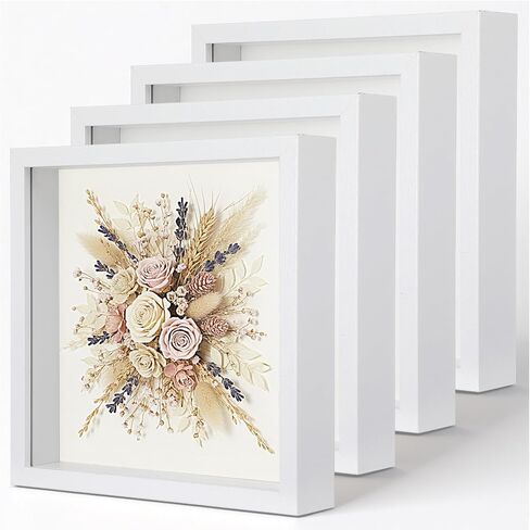 4 Pack 8 x 8in Shadow Box Picture Frame - 3D Picture Frame White Square Shadow Box - Plastic Shadowboxe Display Case for Wedding Memories Crafts, Awards, Medals,Tickets and Photos in Kuwait