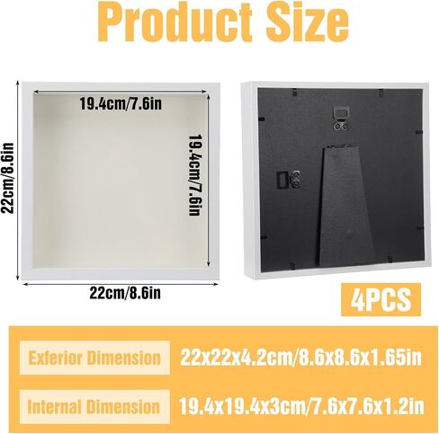 4 Pack 8 x 8in Shadow Box Picture Frame - 3D Picture Frame White Square Shadow Box - Plastic Shadowboxe Display Case for Wedding Memories Crafts, Awards, Medals,Tickets and Photos in Kuwait