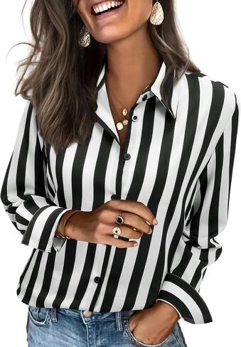 siliteelon Button Down Shirts for Women Striped Dress Shirts Long Sleeve Casual Collared Office Work Blouses Tops in Kuwait