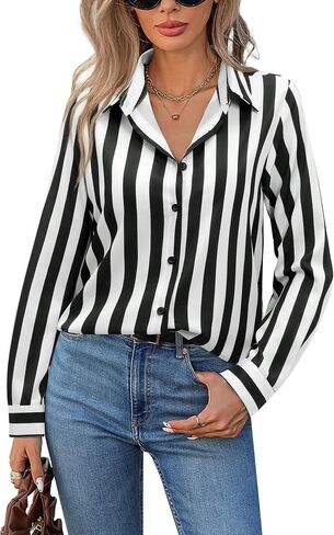 siliteelon Button Down Shirts for Women Striped Dress Shirts Long Sleeve Casual Collared Office Work Blouses Tops in Kuwait