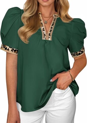 Tankaneo Womens Puff Sleeve Tops Summer V Neck Leopard Color Block Blouse Dressy Casual Loose Fit T-Shirts in Kuwait