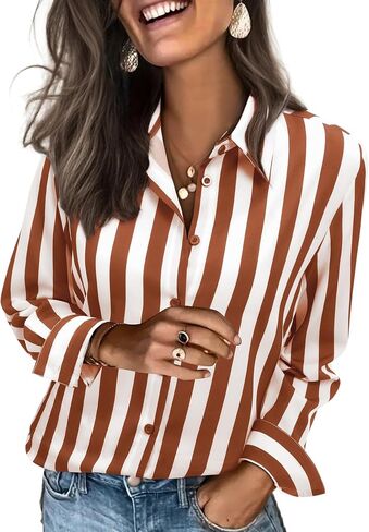 siliteelon Button Down Shirts for Women Striped Dress Shirts Long Sleeve Casual Collared Office Work Blouses Tops in Kuwait