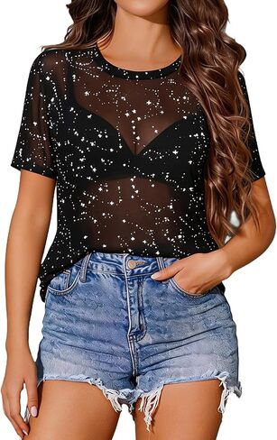 Avidlove Womens Mesh Sheer Tops Sexy Short Sleeve Summer Blouse Loose Fit Party Clubwear Cover Tops Going Out Shirts in Saudi Arabia