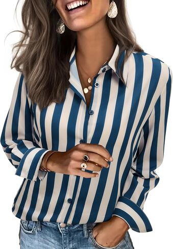 siliteelon Button Down Shirts for Women Striped Dress Shirts Long Sleeve Casual Collared Office Work Blouses Tops in Kuwait