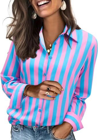 siliteelon Button Down Shirts for Women Striped Dress Shirts Long Sleeve Casual Collared Office Work Blouses Tops in Kuwait