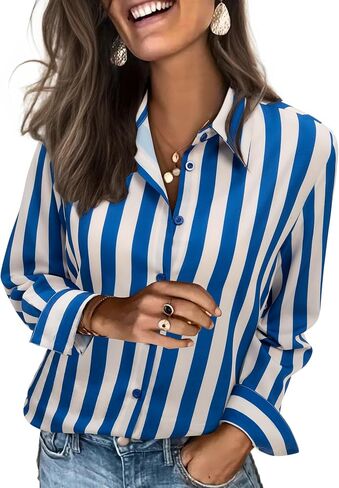 siliteelon Button Down Shirts for Women Striped Dress Shirts Long Sleeve Casual Collared Office Work Blouses Tops in Kuwait