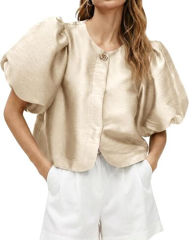 Cicy Bell Womens Silk Satin Button Down Shirts Summer Puff Short Sleeve Crew Neck Crop Tops Loose Fit Casual Dressy Blouse in Kuwait