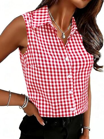 Women Cotton Gingham Button Down Shirts Slim Fit Sleeveless Blouses Plaid Tops Summer Clothes Fashion Outfits in Saudi Arabia
