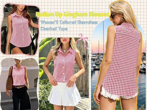 Women Cotton Gingham Button Down Shirts Slim Fit Sleeveless Blouses Plaid Tops Summer Clothes Fashion Outfits in Saudi Arabia