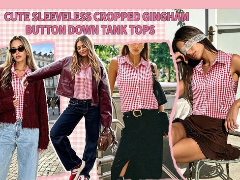 Women Cotton Gingham Button Down Shirts Slim Fit Sleeveless Blouses Plaid Tops Summer Clothes Fashion Outfits in Saudi Arabia