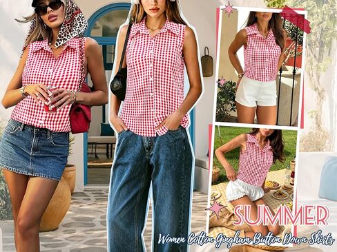 Women Cotton Gingham Button Down Shirts Slim Fit Sleeveless Blouses Plaid Tops Summer Clothes Fashion Outfits in Saudi Arabia