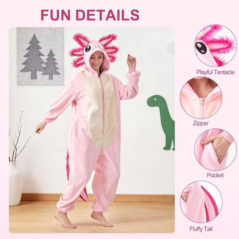 Axolotl Costumes Halloween Cute Axolotl Onesie for Adults Cartoon Animal Christmas Cosplay One-piece Pajamas in Saudi Arabia