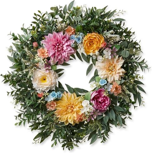 Somikis 24 Inch Front Door Wreath, Large Artificial Flowers Wreath with Silk Peony Dahlia Eucalyptus, Realistic Greenery Welcome Floral Wreath Decor All Year Round for Inside Outside Wall Entryway in Saudi Arabia