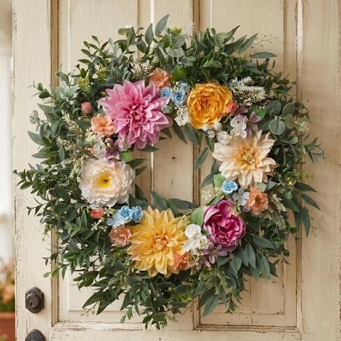 Somikis 24 Inch Front Door Wreath, Large Artificial Flowers Wreath with Silk Peony Dahlia Eucalyptus, Realistic Greenery Welcome Floral Wreath Decor All Year Round for Inside Outside Wall Entryway in Kuwait